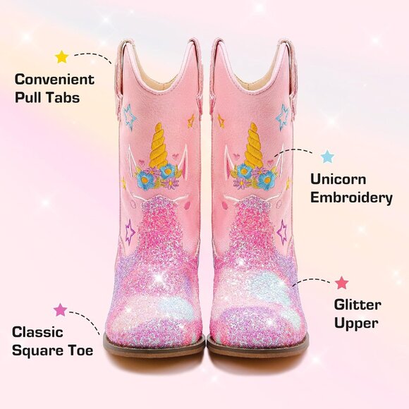 Unicorn Girls Pink Square Toe Glitter Toddler Western Mid Calf Riding Shoes - Picture 5 of 8